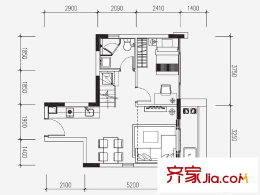 邦华・星际广场二期02户型一层平面图 3室2厅2卫