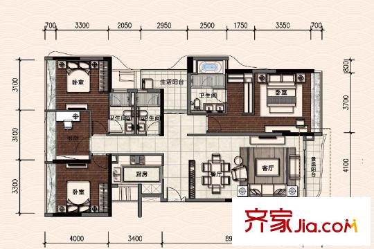 珠江鹅潭湾7栋02双数层C1户型 4室2厅3卫1厨
