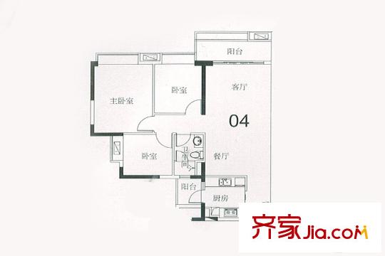 悦江上品苑A02栋04户型 3室2厅1卫1厨