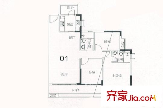 悦江上品苑A02栋01户型 3室2厅2卫1厨