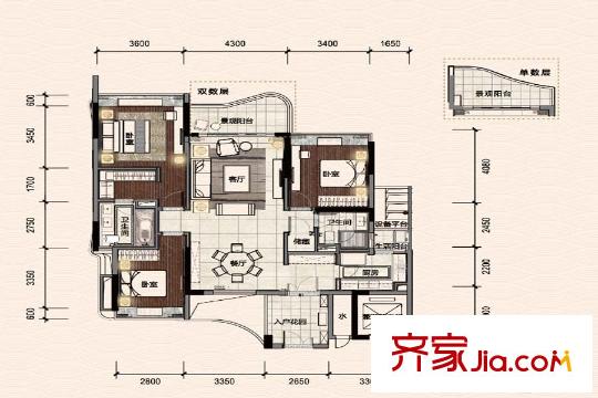珠江鹅潭湾10栋02双数层B1户型 3室2厅2卫1厨