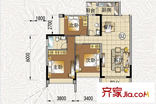 花语水岸5栋1-02户型 3室2厅2卫1厨