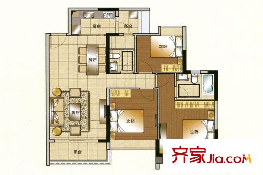 花语水岸2号楼02户型 3室2厅2卫1厨