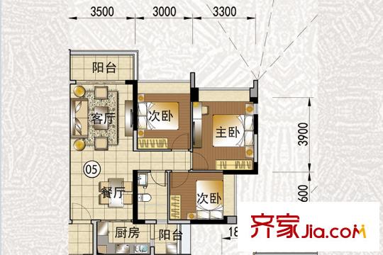 花语水岸5栋1-05户型 3室2厅2卫1厨