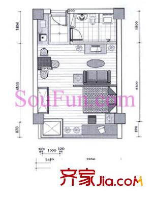城市先鋒戶(hù)型圖H戶(hù)型 1室1廳1衛(wèi)1廚