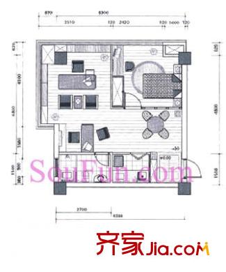 城市先鋒戶(hù)型圖I戶(hù)型 1室1廳1衛(wèi)1廚