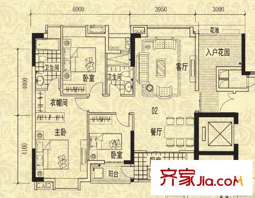 龙津华府C栋3-7层 02单位 3室2厅2卫1厨