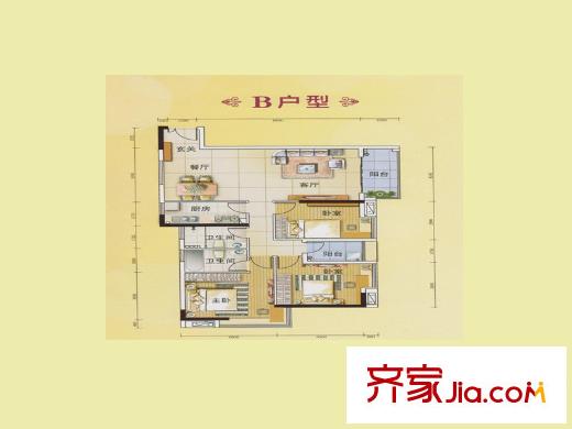 元邦明月水岸B户型 3室2厅2卫1厨