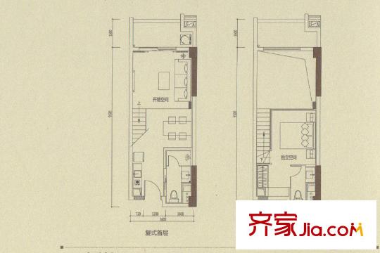 富凯星堤B户型图46方单位 2室1厅2卫1厨