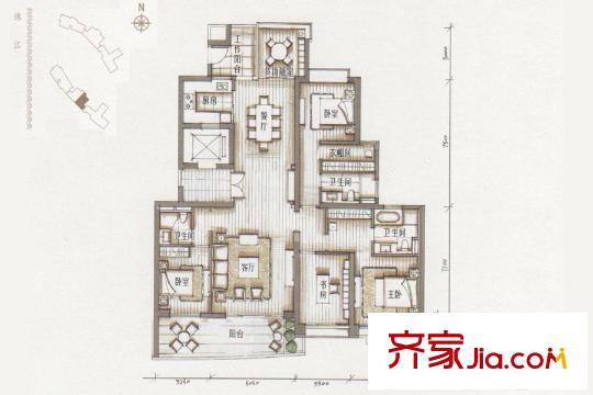 中信西关海5栋01房户型图 4室3厅3卫1厨