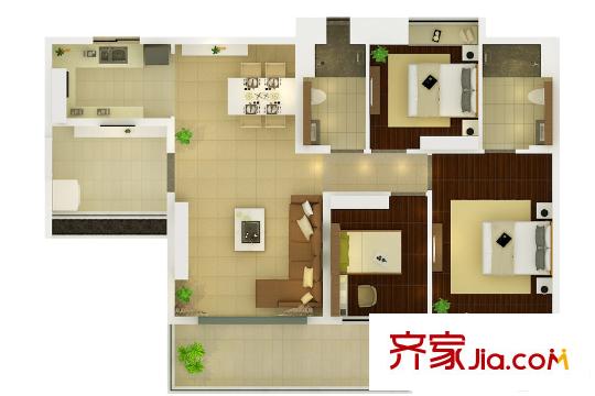 葛洲坝・保利曼城1栋户型图 3室2厅1卫1厨