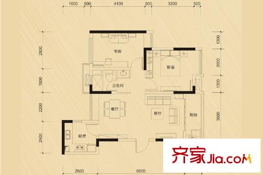 华发荔湾荟D户型 2室2厅1卫1厨