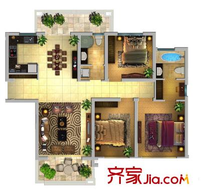 華潤中海凱旋門戶型圖高層F戶型 3室2廳2衛(wèi)1廚