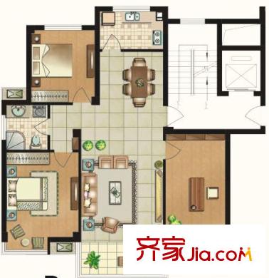 黃金海岸戶型圖B戶型 3室2廳1衛(wèi)1廚