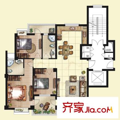 京華茗苑41#小高層中間套標(biāo)準(zhǔn)層I戶型 3室2廳2衛(wèi)1廚