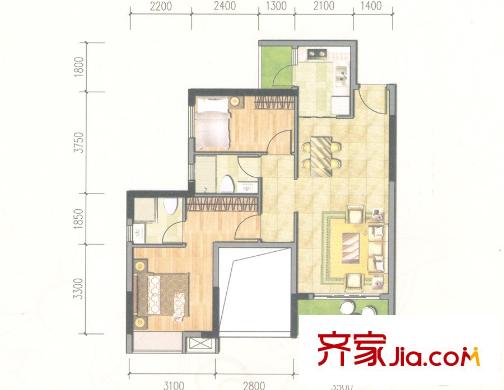 联诚・智博花园D户型86平方米 2室2厅2卫1厨