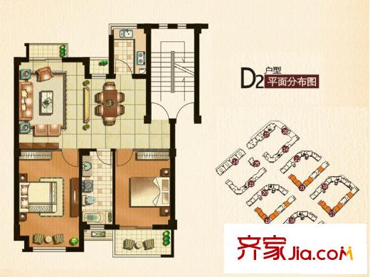保億風景九園戶型圖三期二批次D2戶型圖 2室2廳1衛(wèi)1廚