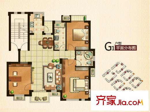 保億風景九園戶型圖三期二批次G1戶型圖 3室2廳2衛(wèi)1廚