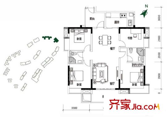 美的君兰江山13、14、15座03户型建面约140平方米 4室2厅3卫1厨