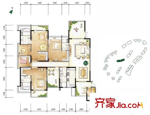 美的君兰江山7、8座02户型建面约310平方米 6室2厅5卫1厨