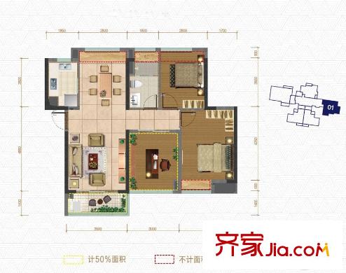 富丰新城11座01单元87.38平方米 3室2厅1卫1厨