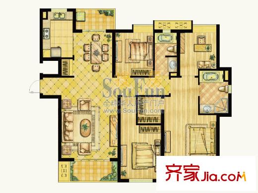 世茂世界灣戶型圖二期C3戶型圖 4室2廳2衛(wèi)1廚