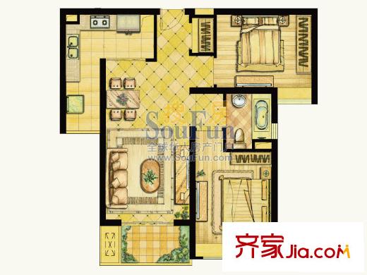 世茂世界灣戶型圖二期C2戶型圖 2室2廳1衛(wèi)1廚
