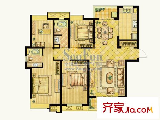 世茂世界灣戶型圖二期B1戶型圖 3室2廳2衛(wèi)1廚