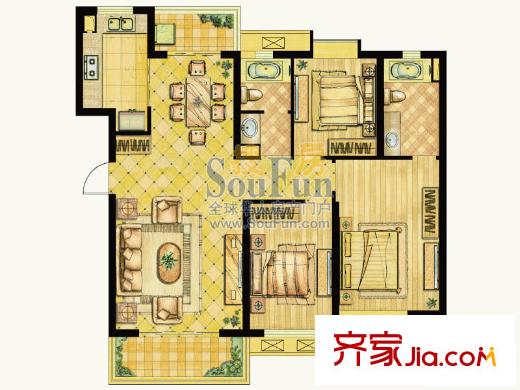 世茂世界灣戶型圖二期B3戶型圖 3室2廳2衛(wèi)1廚