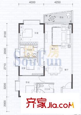 东山紫园户型图B1-01户型图 3室2厅2卫1厨