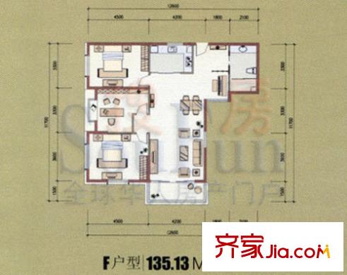 都市風(fēng)華戶型圖F戶型 3室2廳1衛(wèi)1廚