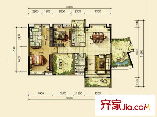 广州星河丹堤云平方米组团F户型 2室2厅2卫1厨