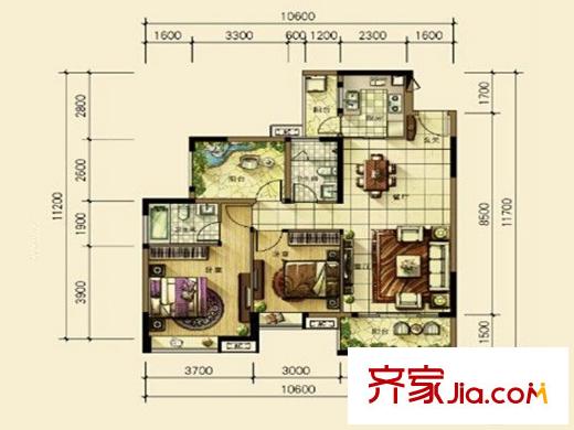 广州星河丹堤云平方米组团B户型 2室2厅2卫1厨