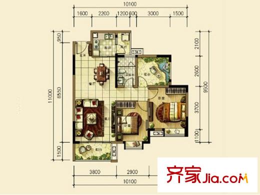 广州星河丹堤云平方米组团A户型 2室2厅1卫1厨