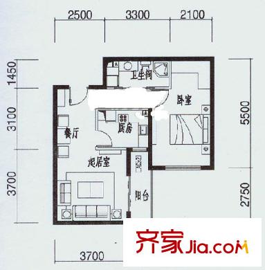 龙湖大厦户型图1室2厅户型图 1室2厅1卫1厨