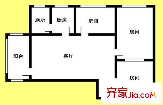 濠畔街大院户型图3室1厅户型图 3室1厅1卫1厨