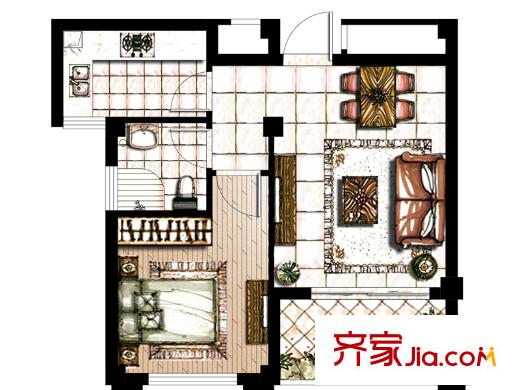 香河灣13#樓E戶型 1室2廳1衛(wèi)1廚