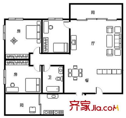 嘉银华庭户型图3室2厅户型图 3室2厅1卫1厨