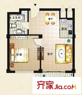 金海嘉園E戶型 1室1廳1衛(wèi)1廚 戶型圖