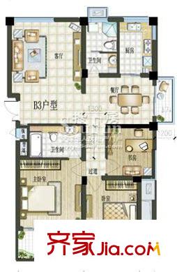 莊市水木清華戶型圖B3戶型 3室2廳2衛(wèi)1廚