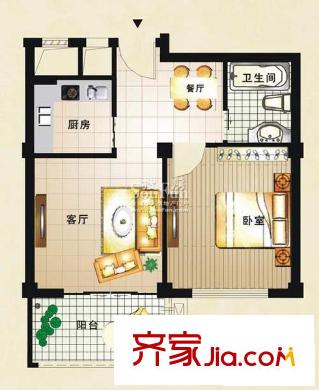 金海嘉園F戶型 1室1廳1衛(wèi)1廚 戶型圖