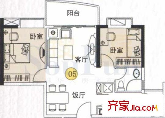 富力朗逸轩户型图3-13层05单位 2室2厅1卫1厨