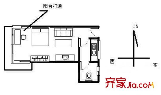 寺贝新街大院户型图1室0厅 户型图 1室1卫1厨