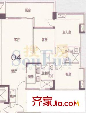 雅郡花园会展宫寓户型图3室2厅户型图 3室2厅2卫1厨