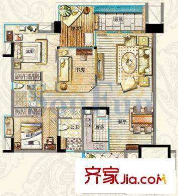雅郡花园会展宫寓户型图3室2厅户型图 3室2厅2卫1厨