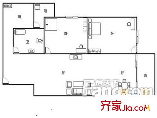 浪琴居户型图2室2厅户型图 2室2厅1卫1厨