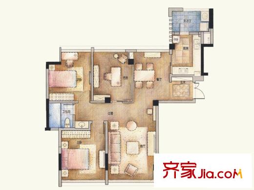 雅戈爾湖景花園戶型圖89平方米 3室2廳1衛(wèi)1廚