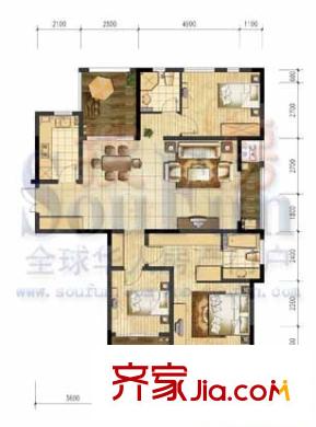 金地國際花園戶型圖6號樓E7 3室2廳2衛(wèi)1廚