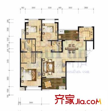 金地國際花園戶型圖6號樓E5 3室2廳2衛(wèi)1廚