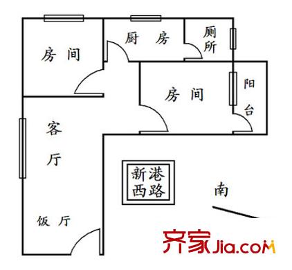 新港西路小区户型图2室2厅户型图 2室2厅1卫1厨